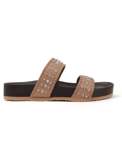 Nude Studded Platform Slides With Contrast Trim