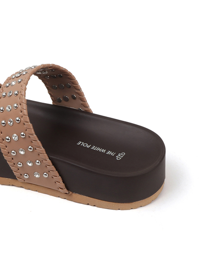 Nude Studded Platform Slides With Contrast Trim