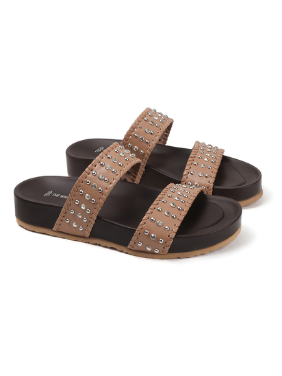 Nude Studded Platform Slides With Contrast Trim