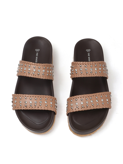 Nude Studded Platform Slides With Contrast Trim