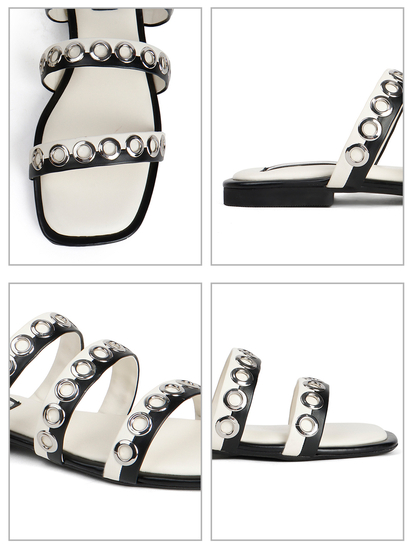 Studded Triple-Strap Slide Sandal in Black