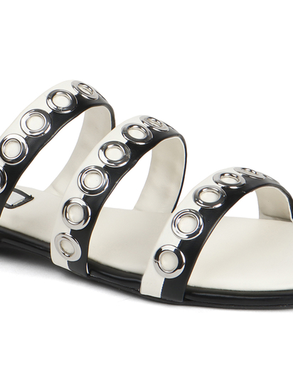 Studded Triple-Strap Slide Sandal in Black