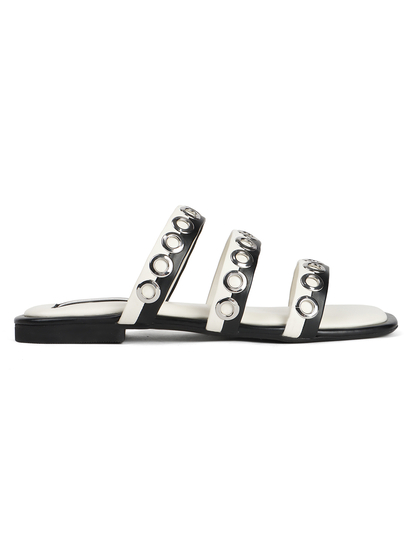 Studded Triple-Strap Slide Sandal in Black