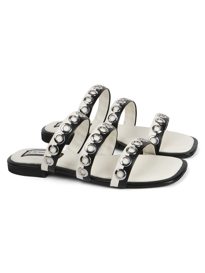 Studded Triple-Strap Slide Sandal in Black