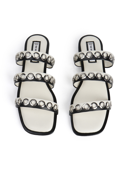 Studded Triple-Strap Slide Sandal in Black
