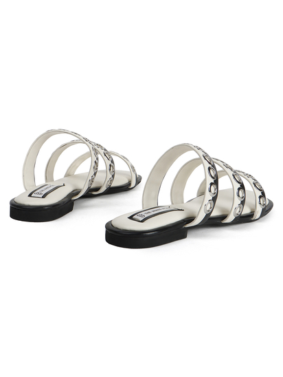 Studded Triple-Strap Slide Sandal in Black