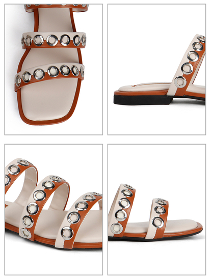 Studded Triple-Strap Slide Sandal in Brown