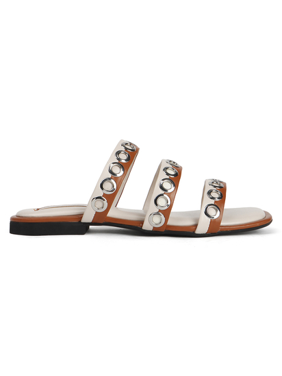 Studded Triple-Strap Slide Sandal in Brown