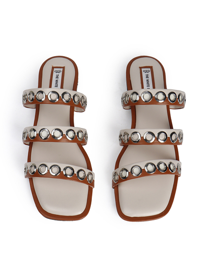 Studded Triple-Strap Slide Sandal in Brown
