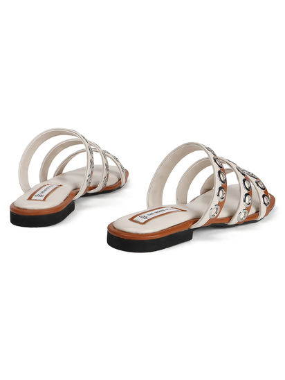 Studded Triple-Strap Slide Sandal in Brown
