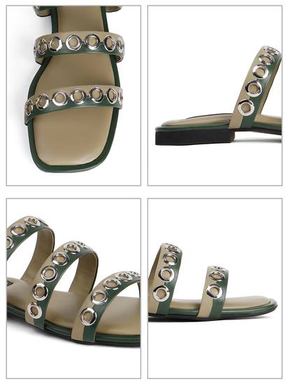 Studded Triple-Strap Slide Sandal in Olive