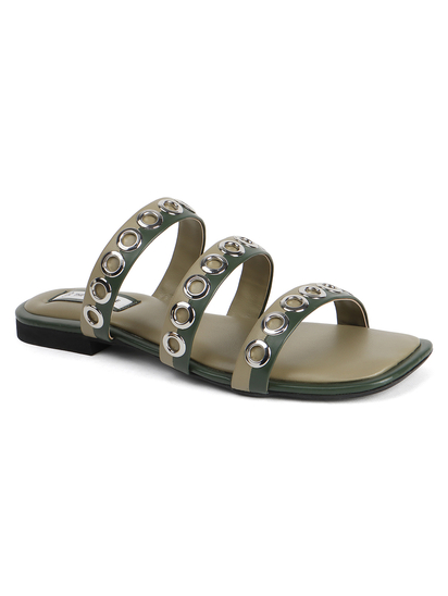 Studded Triple-Strap Slide Sandal in Olive