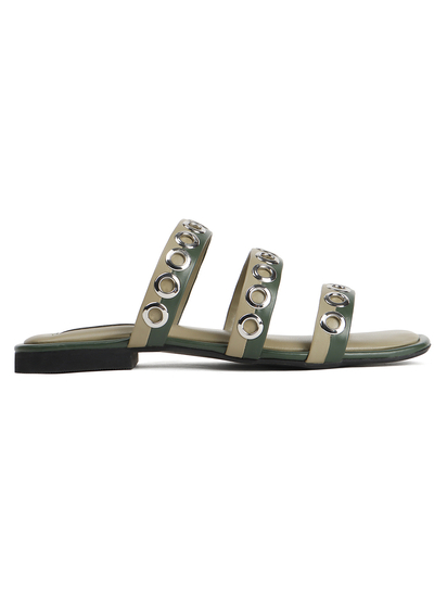 Studded Triple-Strap Slide Sandal in Olive