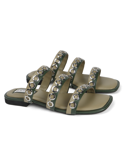 Studded Triple-Strap Slide Sandal in Olive