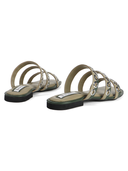 Studded Triple-Strap Slide Sandal in Olive