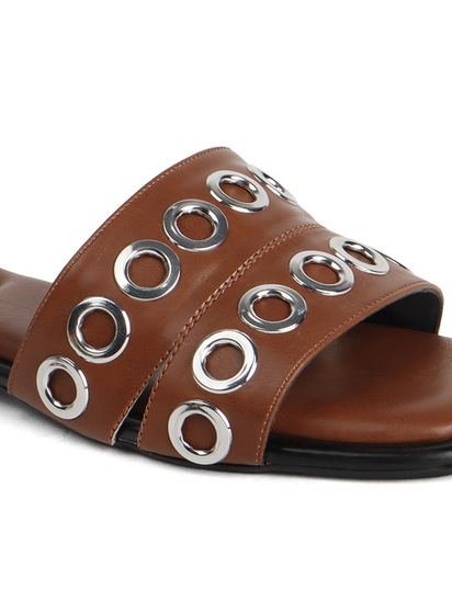 Grommet Detail Slide Sandal in Tan