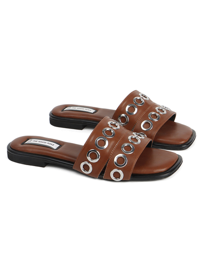 Grommet Detail Slide Sandal in Tan