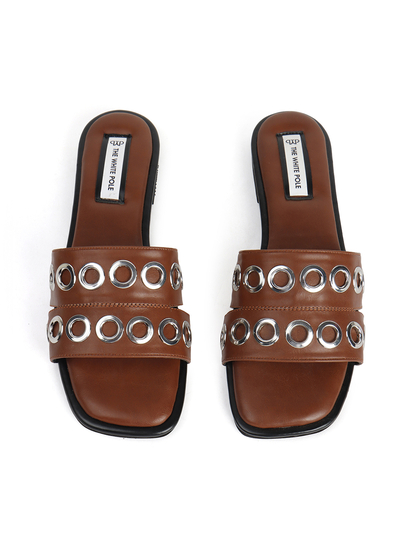 Grommet Detail Slide Sandal in Tan