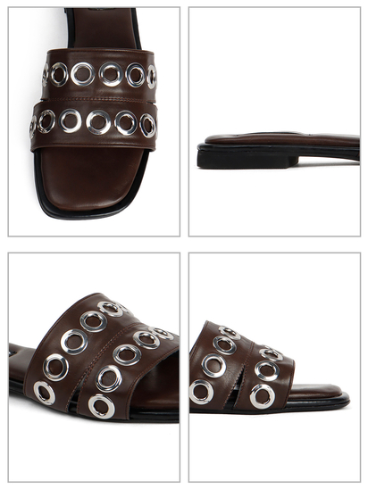Grommet Detail Slide Sandal in Brown