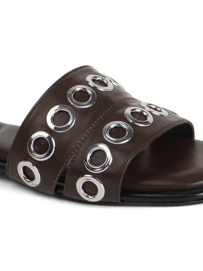 Grommet Detail Slide Sandal in Brown