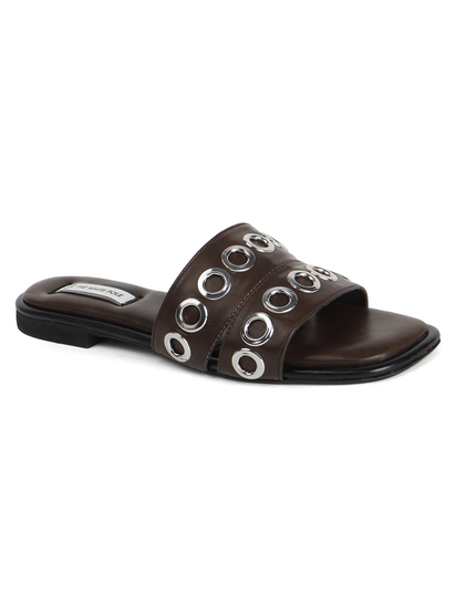 Grommet Detail Slide Sandal in Brown