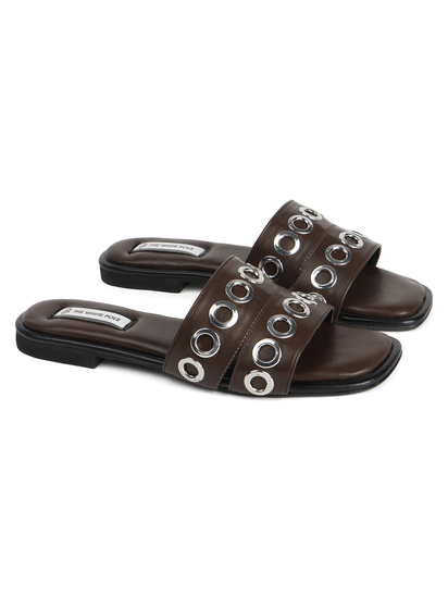 Grommet Detail Slide Sandal in Brown