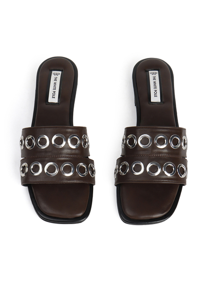 Grommet Detail Slide Sandal in Brown