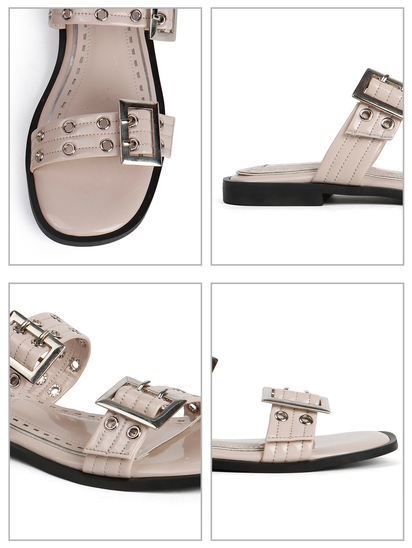 Double Buckle Strap Slide Sandal in Beige