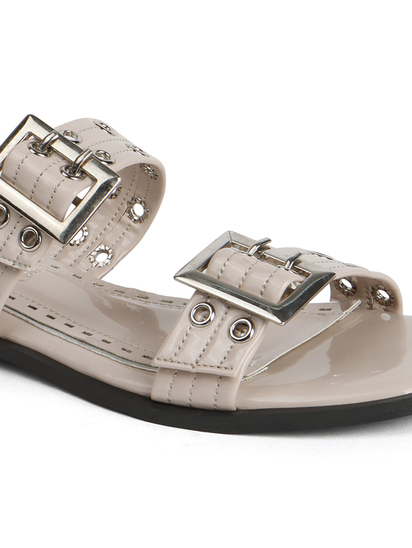 Double Buckle Strap Slide Sandal in Beige