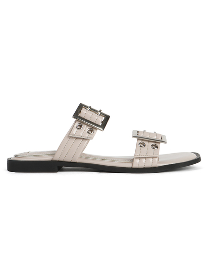 Double Buckle Strap Slide Sandal in Beige