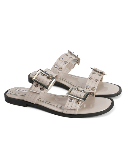 Double Buckle Strap Slide Sandal in Beige