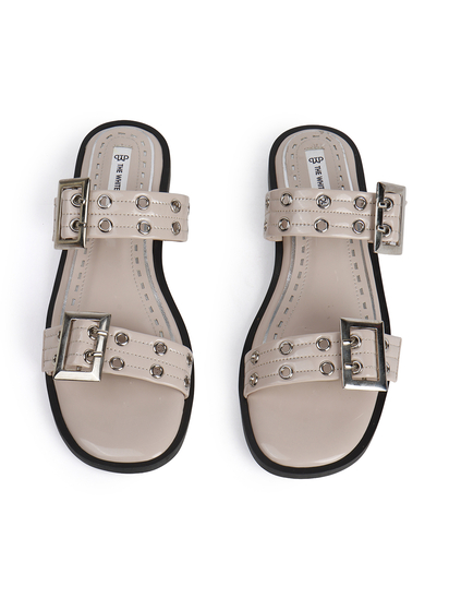 Double Buckle Strap Slide Sandal in Beige