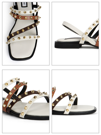 White Slingback Flats With Triple Straps and Stud Embellishments