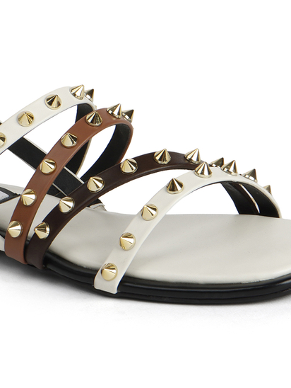 White Slingback Flats With Triple Straps and Stud Embellishments