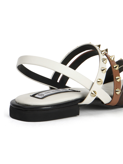 White Slingback Flats With Triple Straps and Stud Embellishments