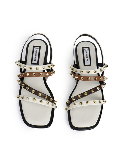 White Slingback Flats With Triple Straps and Stud Embellishments