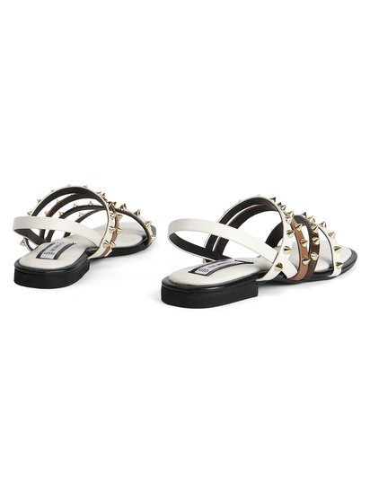 White Slingback Flats With Triple Straps and Stud Embellishments