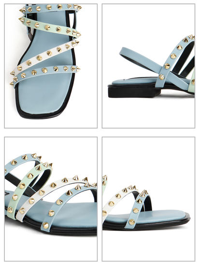 Sky Blue Slingback Flats With Triple Straps and Stud Embellishments