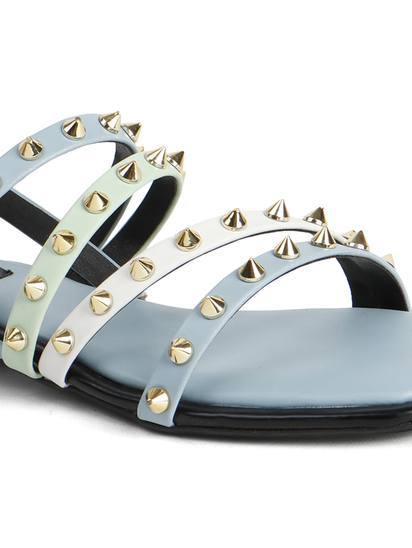 Sky Blue Slingback Flats With Triple Straps and Stud Embellishments