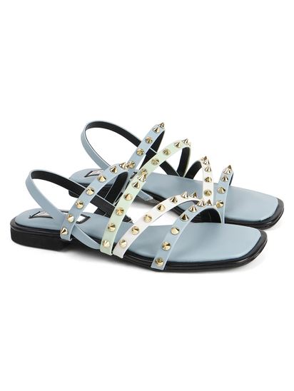 Sky Blue Slingback Flats With Triple Straps and Stud Embellishments