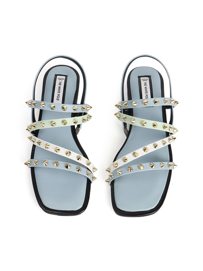 Sky Blue Slingback Flats With Triple Straps and Stud Embellishments