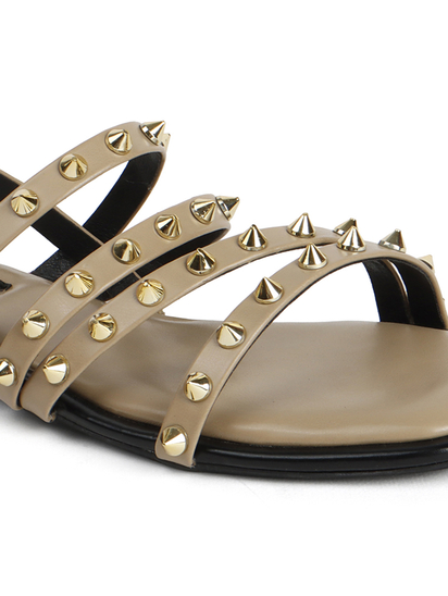 Brown Slingback Flats With Triple Straps and Stud Embellishments