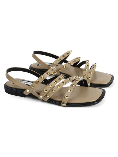 Brown Slingback Flats With Triple Straps and Stud Embellishments