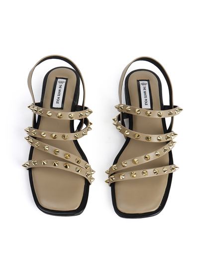 Brown Slingback Flats With Triple Straps and Stud Embellishments