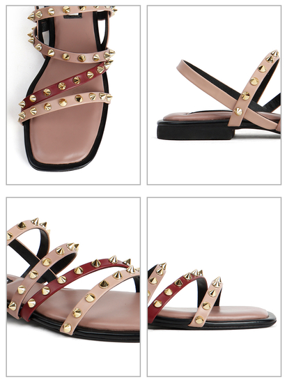 Nude Slingback Flats With Triple Straps and Stud Embellishments
