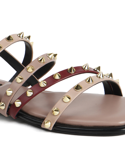 Nude Slingback Flats With Triple Straps and Stud Embellishments