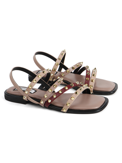 Nude Slingback Flats With Triple Straps and Stud Embellishments