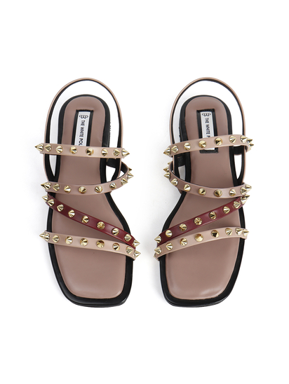 Nude Slingback Flats With Triple Straps and Stud Embellishments