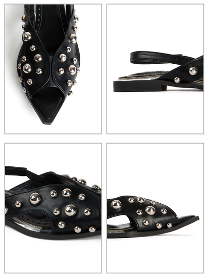 Black Slingback Peep-Toe Flats With Dome Studs Embellishments