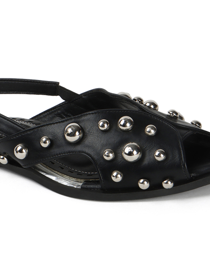 Black Slingback Peep-Toe Flats With Dome Studs Embellishments